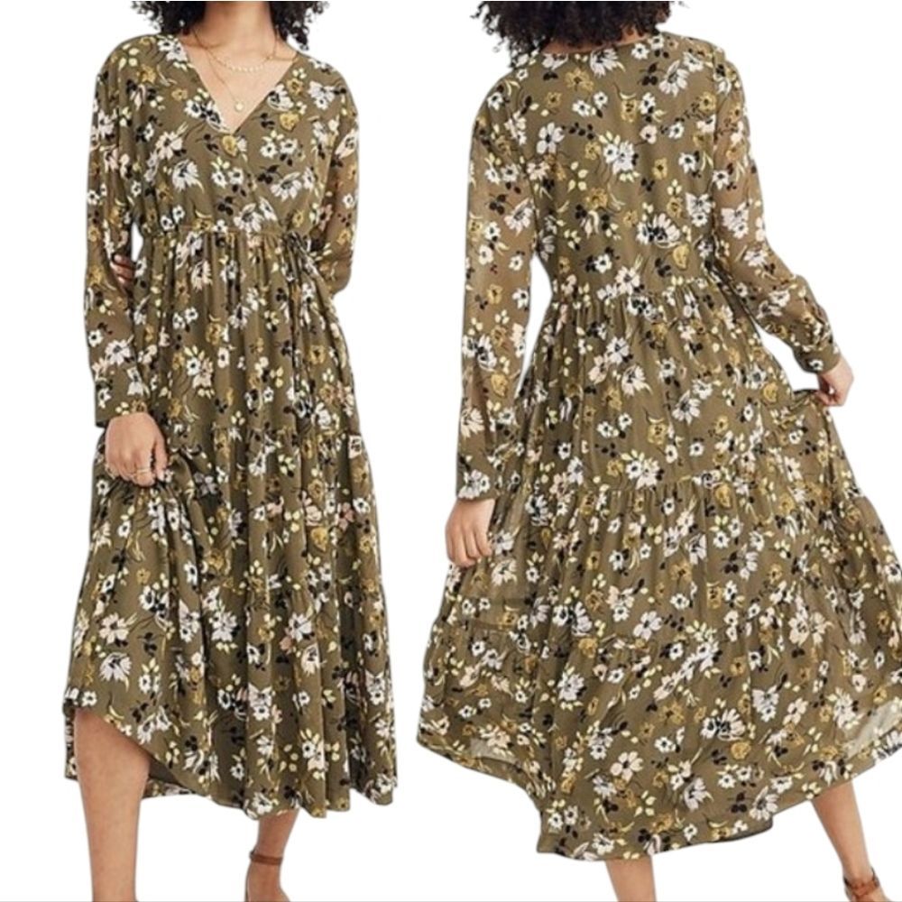 Madewell Midi Dress Wildblooms Wildflowers Kale Green Long Sleeve M